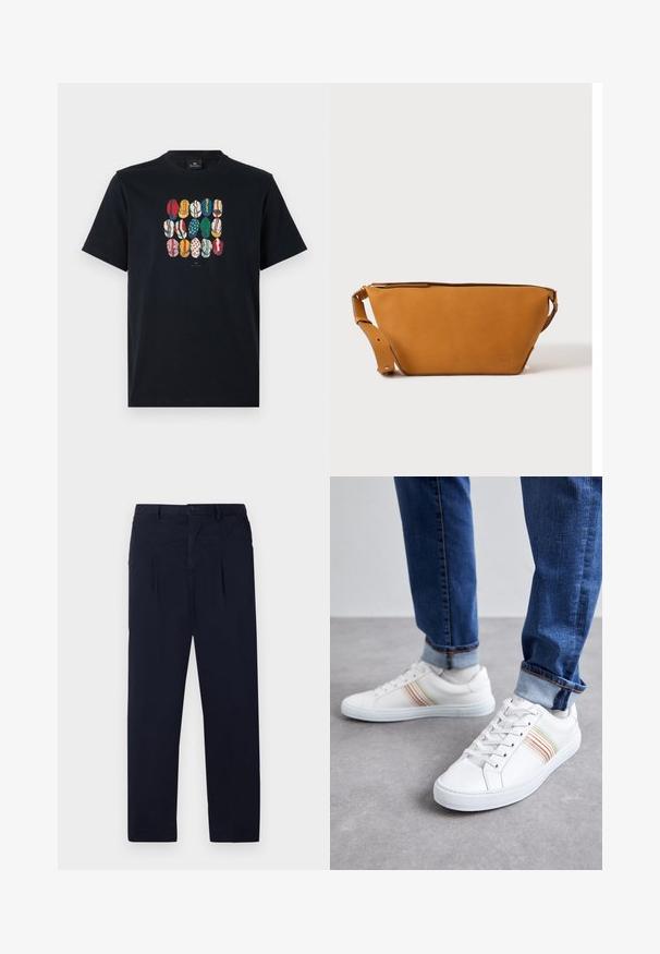 Camiseta de algodón negra con un gráfico colorido de varios labios en diferentes patrones y colores en la parte frontal. Cuello redondo, mangas cortas.; Pantalones azul marino hechos de una tela ligera que cuentan con un frente plano, dos pliegues y un cierre de botón estándar en la cintura.; Zapatillas de cuero blancas con rayas multicolores, diseño de cordones, suela de goma y cuello acolchado, combinadas con jeans de mezclilla azul.; Bolso bandolera de cuero marrón claro con correa ajustable y cierre de cremallera, mostrado sobre un fondo claro y liso.