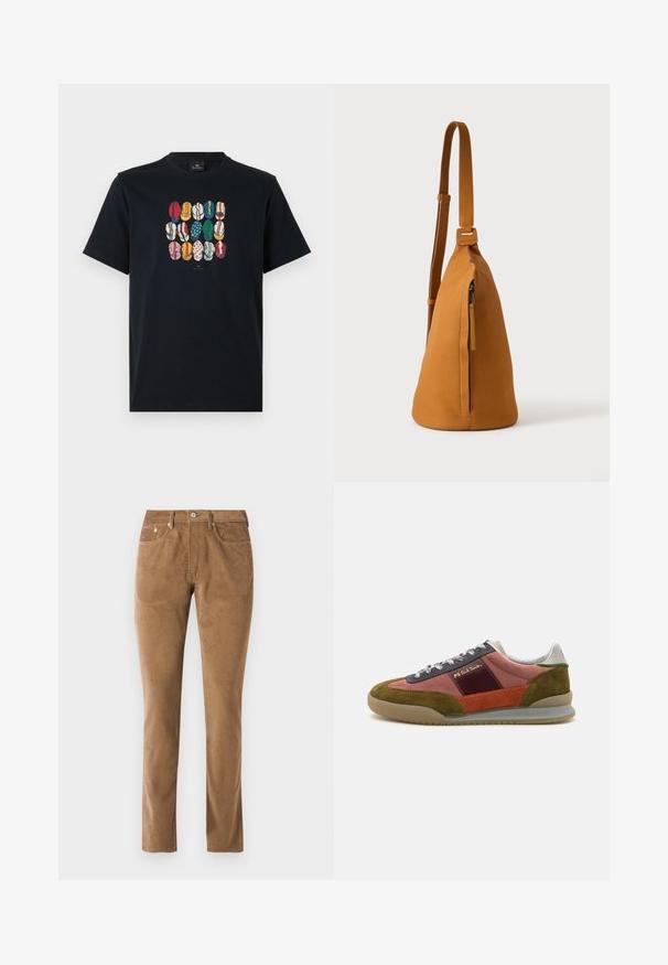 Sort bomulds T-shirt med et farverigt grafisk motiv af forskellige læber i forskellige mønstre og farver på foran. Rund halsudskæring, korte ærmer.; Brune corduroy bukser med en skræddersyet pasform, der har fem lommer, en knaplukning og syet detaljer langs sømmene.; PS Paul Smith DOVER - Sneakers - pink; Tan læder crossbodytaske med justerbar rem og lodret lynlåslomme, vist fra siden mod en ensfarvet lys baggrund.