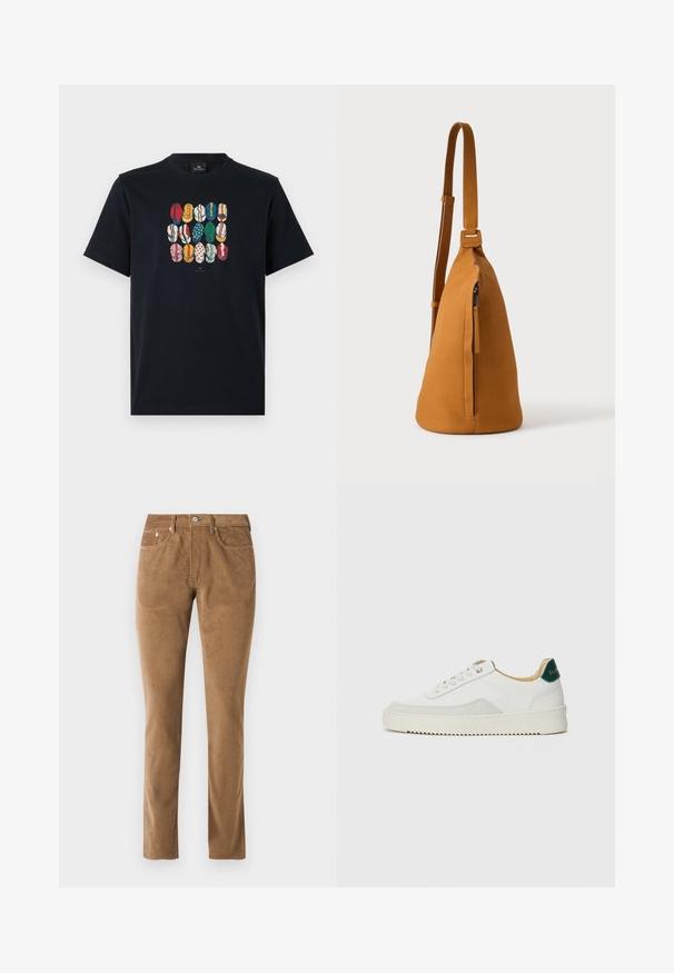 Sort bomulds T-shirt med et farverigt grafisk motiv af forskellige læber i forskellige mønstre og farver på foran. Rund halsudskæring, korte ærmer.; Brune corduroy bukser med en skræddersyet pasform, der har fem lommer, en knaplukning og syet detaljer langs sømmene.; Hvide sneakers med ruskindsdetaljer, rund tå, flade snørebånd og en cremet gummisål. Har grøn branding på hælen.; Tan læder crossbodytaske med justerbar rem og lodret lynlåslomme, vist fra siden mod en ensfarvet lys baggrund.