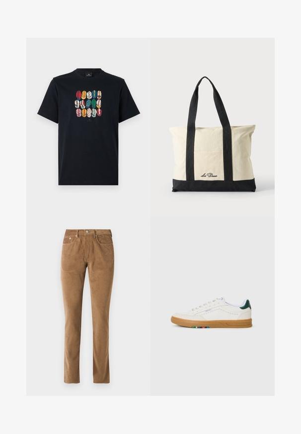 Sort bomulds T-shirt med et farverigt grafisk motiv af forskellige læber i forskellige mønstre og farver på foran. Rund halsudskæring, korte ærmer.; Brune corduroy bukser med en skræddersyet pasform, der har fem lommer, en knaplukning og syet detaljer langs sømmene.; Hvide lædersneakers med perfereret design, gummisul, grøn hælaccent og farverig stribe detalje på siden.; Canvas-totepose med lange sorte håndtag, sort bundkant og frontlomme med "Les Deux" logo i sort skrift.