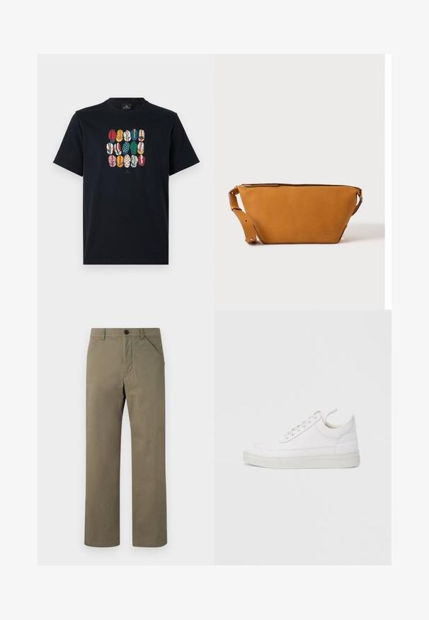 Zwarte katoenen t-shirt met een kleurrafische afbeelding van verschillende lippen in diverse patronen en kleuren op de voorkant. Ronde halslijn, korte mouwen.; Licht olijfgroene broek van soepel, stevig materiaal. Heeft een knoop- en ritsluiting, zijzakken en een rechte pijpenontwerp.; Witte leren sneaker met een afgeronde neus, platte zool en veters aan de voorkant. Voorzien van stikseldetails en een gevoerde kraag voor comfort.; Lichtbruine leren crossbodytas met verstelbare band en ritssluiting, getoond tegen een effen lichte achtergrond.
