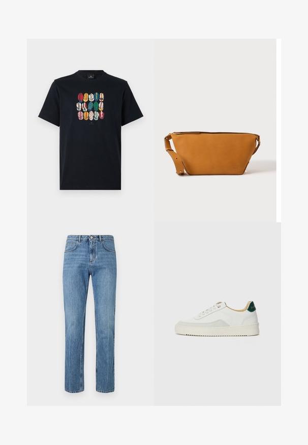 T-shirt en coton noir avec un graphique coloré représentant différentes lèvres dans divers motifs et couleurs sur le devant. Encolure ronde, manches courtes.; Jean bleu à taille haute, coupe droite, avec bouton frontale, fermeture éclair, passants de ceinture et design à cinq poches sur fond blanc.; Baskets blanches avec des accents en daim, bout arrondi, lacets plats et semelle en caoutchouc crème. Présente une marque verte sur le talon.; Sac bandoulière en cuir marron clair avec sangle réglable et fermeture éclair, présenté sur un fond clair uni.