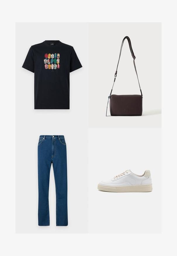Schwarzes Baumwoll-T-Shirt mit einem bunten Grafikdruck verschiedener Lippen in unterschiedlichen Mustern und Farben auf der Vorderseite. Runder Halsausschnitt, kurze Ärmel.; Blaue Jeans mit hohem Bund, geradem Schnitt, Fünf-Taschen-Design und kontrastierendem orangefarbenem Nähen. Geschmeidige Textur.; Weiße Sneaker mit einem glatten Lederobermaterial, beigen Schnürsenkeln und einer strukturierten, beigen Wildleder-Fersenschlaufe. Erhöhte Sohle für zusätzlichen Komfort.; Dunkelbraune, strukturierte Leder-Crossbody-Tasche mit verstellbarem Riemen und kleinem dekorativen blauen Akzent an der Seite.