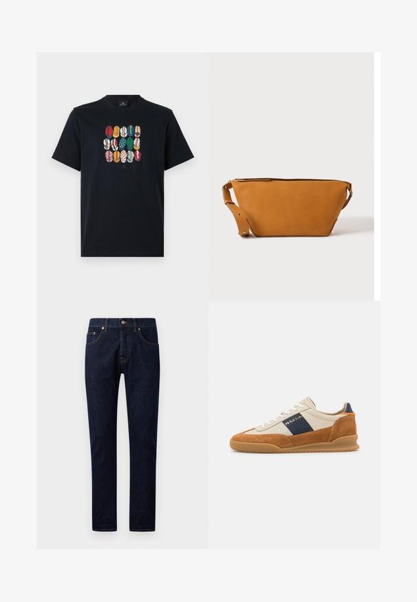 T-shirt en coton noir avec un graphique coloré représentant différentes lèvres dans divers motifs et couleurs sur le devant. Encolure ronde, manches courtes.; Jean en denim bleu foncé avec une coupe slim, comportant cinq poches, des rivets en cuivre et des coutures contrastantes le long des coutures. Texture lisse.; PS Paul Smith DOVER - Baskets basses - cognac/off-white; Sac bandoulière en cuir marron clair avec sangle réglable et fermeture éclair, présenté sur un fond clair uni.