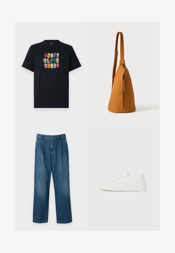 Schwarzes Baumwoll-T-Shirt mit einem bunten Grafikdruck verschiedener Lippen in unterschiedlichen Mustern und Farben auf der Vorderseite. Runder Halsausschnitt, kurze Ärmel.; Blaue Jeanshose mit geradem Bein, hoher Taille, vorderen Falten und klassischem Knopfverschluss. Glatte Textur.; Weißer Low-Top-Lederschuh mit Schnürverschluss, strukturierter Fersenschlaufe und leicht gerillter weißer Gummisohle auf schlichtem hellem Hintergrund.; Hellbraune Leder-Umhängetasche mit verstellbarem Trageriemen und vertikaler Reißverschlusstasche, von der Seite vor hellem, einfarbigem Hintergrund gezeigt.