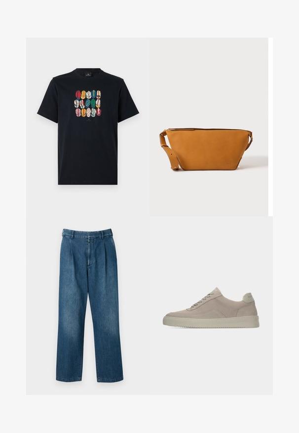 T-shirt en coton noir avec un graphique coloré représentant différentes lèvres dans divers motifs et couleurs sur le devant. Encolure ronde, manches courtes.; Pantalons en denim bleu avec un design à jambes droites, dotés d'une taille haute, de plis à l'avant et d'une fermeture à bouton classique. Texture lisse.; Baskets en daim beige avec une finition texturée, un bout arrondi et des lacets ton sur ton. Elles présentent une semelle en caoutchouc épaisse et un branding discret sur le talon.; Sac bandoulière en cuir marron clair avec sangle réglable et fermeture éclair, présenté sur un fond clair uni.