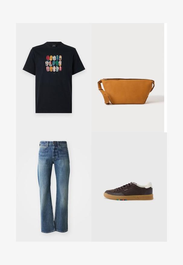 Zwarte katoenen t-shirt met een kleurrafische afbeelding van verschillende lippen in diverse patronen en kleuren op de voorkant. Ronde halslijn, korte mouwen.; Denim jeans in een licht tot gemiddeld blauwe kleur, met een recht gesneden pijp, klassiek vijf-pocket ontwerp en subtiele vervaging aan de voorkant.; Donkerbruine suède sneaker met een gumzool, witte hielband, vetersluiting en een klein meerkleurig detail aan de zijkant van de zool.; Lichtbruine leren crossbodytas met verstelbare band en ritssluiting, getoond tegen een effen lichte achtergrond.