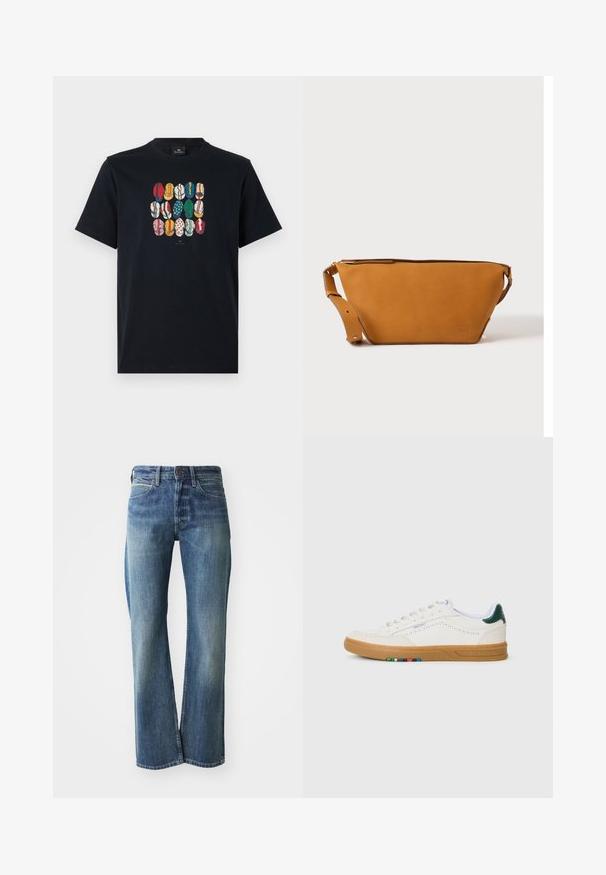 Zwarte katoenen t-shirt met een kleurrafische afbeelding van verschillende lippen in diverse patronen en kleuren op de voorkant. Ronde halslijn, korte mouwen.; Denim jeans in een licht tot gemiddeld blauwe kleur, met een recht gesneden pijp, klassiek vijf-pocket ontwerp en subtiele vervaging aan de voorkant.; Witte leren sneaker met geperforeerd ontwerp, gumrubberen zool, groene hielaccent en kleurrijke streepdetails aan de zijkant.; Lichtbruine leren crossbodytas met verstelbare band en ritssluiting, getoond tegen een effen lichte achtergrond.