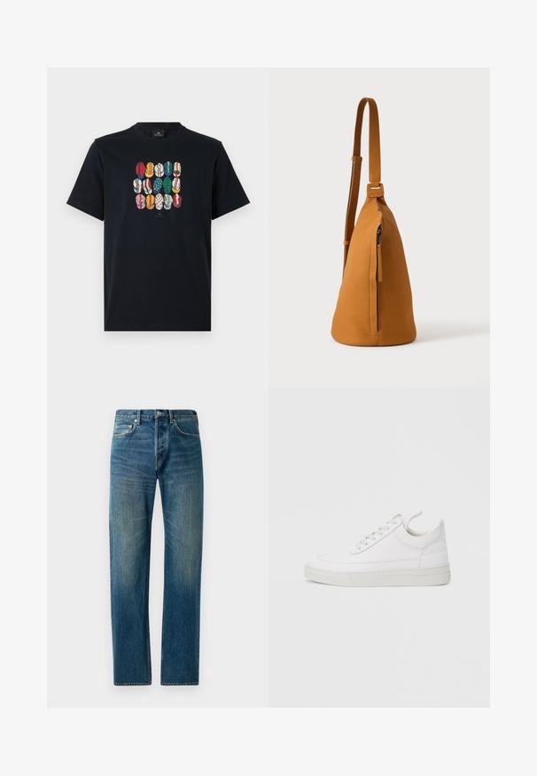 Sort bomulds T-shirt med et farverigt grafisk motiv af forskellige læber i forskellige mønstre og farver på foran. Rund halsudskæring, korte ærmer.; Blå denim jeans med lige ben, der har en fem-lomme stil, subtil falming og kontrastsyet detaljer.; Hvid lædersneaker med rundet tå, flad sål og snørebånd foran. Har syningsdetaljer og polstret krave for komfort.; Tan læder crossbodytaske med justerbar rem og lodret lynlåslomme, vist fra siden mod en ensfarvet lys baggrund.