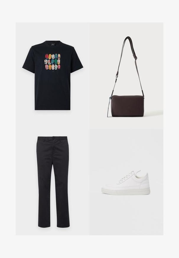 T-shirt en coton noir avec un graphique coloré représentant différentes lèvres dans divers motifs et couleurs sur le devant. Encolure ronde, manches courtes.; Pantalons en coton noir avec une coupe droite, dotés d'une fermeture à bouton et de passants de ceinture. Texture lisse, sans motifs ni accents visibles.; Baskets en cuir blanc avec un embout arrondi, une semelle plate et un laçage à l'avant. Présentent des détails de couture et un col rembourré pour plus de confort.; Sac bandoulière en cuir marron foncé texturé avec une sangle réglable et un petit accent décoratif bleu sur le côté.