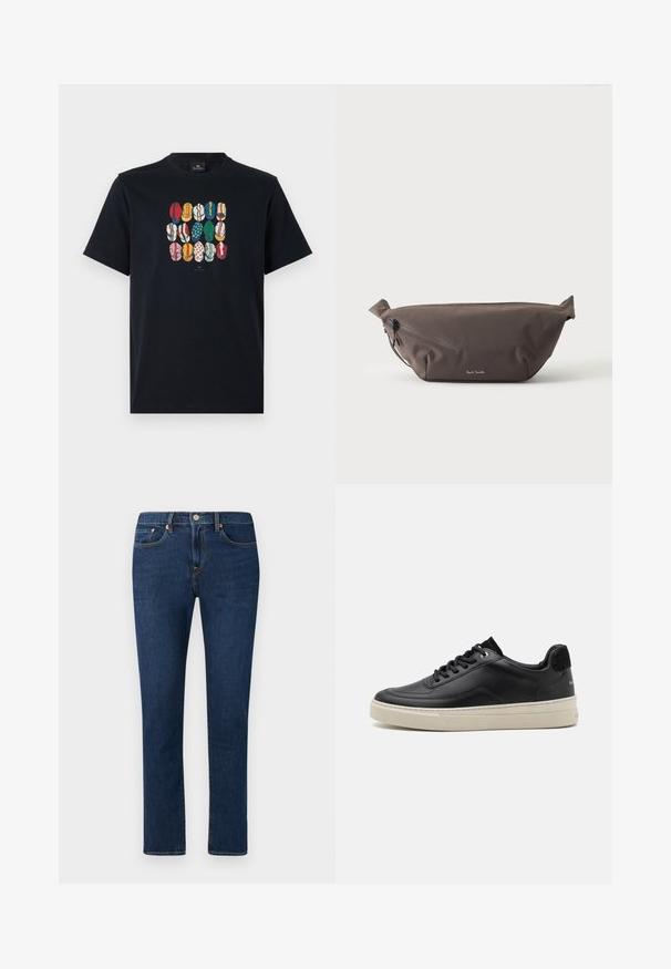 Zwarte katoenen t-shirt met een kleurrafische afbeelding van verschillende lippen in diverse patronen en kleuren op de voorkant. Ronde halslijn, korte mouwen.; Donkerblauwe spijkerbroek met een recht gesneden pijp, voorzien van een klassieke vijfzakkenstijl en een knoopsluiting in de taille.; Zwart leren sneaker met een laag profiel, voorzien van een crèmekleurige rubberen zool, ronde neus en vetersluiting, geaccentueerd met een zwarte suede hiel.; Donkerbruine stoffen heuptas met diagonale ritssluiting en klein wit logo aan de voorkant, tegen een effen lichte achtergrond.