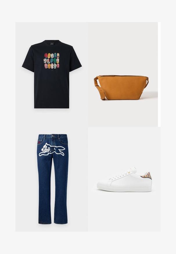 Zwarte katoenen t-shirt met een kleurrafische afbeelding van verschillende lippen in diverse patronen en kleuren op de voorkant. Ronde halslijn, korte mouwen.; Blauwe denim jeans met rechte benen, met een grote witte afbeelding van een springend wezen op de achterzak. Standaard vijfzakendesign.; Witte leren sneaker met een gladde afwerking, voorzien van een kleurrijke gestreepte accent op de hiel, gouden oogjes en een vlakke witte zool.; Lichtbruine leren crossbodytas met verstelbare band en ritssluiting, getoond tegen een effen lichte achtergrond.