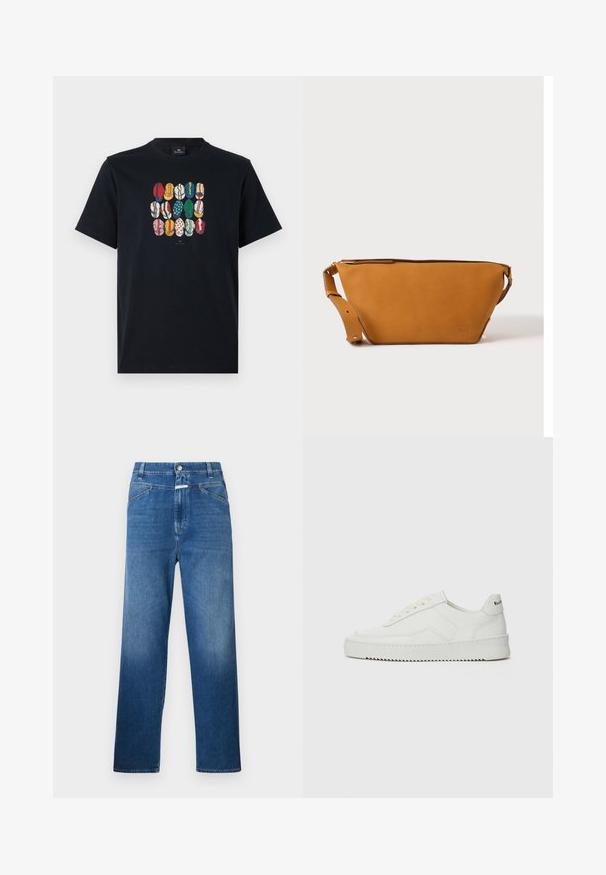 Schwarzes Baumwoll-T-Shirt mit einem bunten Grafikdruck verschiedener Lippen in unterschiedlichen Mustern und Farben auf der Vorderseite. Runder Halsausschnitt, kurze Ärmel.; Blaue Denim-Jeans mit geradem Bein, ausgestattet mit einem Knopfverschluss, Gürtelschlaufen und dezenten Ausbleichungen an den Oberschenkeln.; Weiße Ledersneaker mit glatter Oberfläche, runder Zehenpartie, flachen Schnürsenkeln und strukturiertem Sohlenprofil. Mit einem dezenten Logo an der Ferse.; Hellbraune Leder-Umhängetasche mit verstellbarem Schulterriemen und Reißverschluss, vor einem schlichten hellen Hintergrund gezeigt.