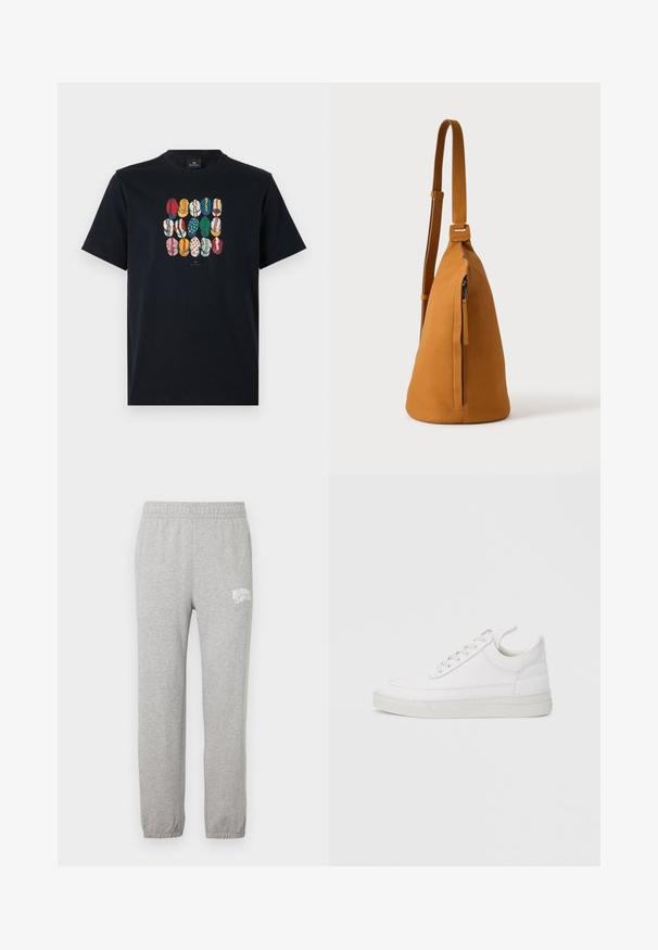 Sort bomulds T-shirt med et farverigt grafisk motiv af forskellige læber i forskellige mønstre og farver på foran. Rund halsudskæring, korte ærmer.; Grå bomulds sweatpants med elastisk talje og tapered ben. Har et hvidt logo på venstre lår. Glat tekstur.; Hvid lædersneaker med rundet tå, flad sål og snørebånd foran. Har syningsdetaljer og polstret krave for komfort.; Tan læder crossbodytaske med justerbar rem og lodret lynlåslomme, vist fra siden mod en ensfarvet lys baggrund.
