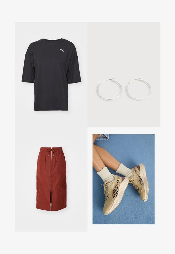Camiseta negra oversize de algodón, con mangas cortas y un cuello redondo, que presenta un logotipo blanco de Puma en el lado izquierdo del pecho.; Falda de longitud media en rojo terracota, con cremallera frontal, cinturilla elástica con cordón ajustable y bolsillos laterales con un diseño geométrico.; Piernas cruzadas con zapatillas Puma beige con rayas de estampado de leopardo y calcetines crema con volantes sobre una alfombra azul.; Pareja de pendientes de aro plateados brillantes con cierres de alambre delgado, mostrados sobre un fondo gris claro.