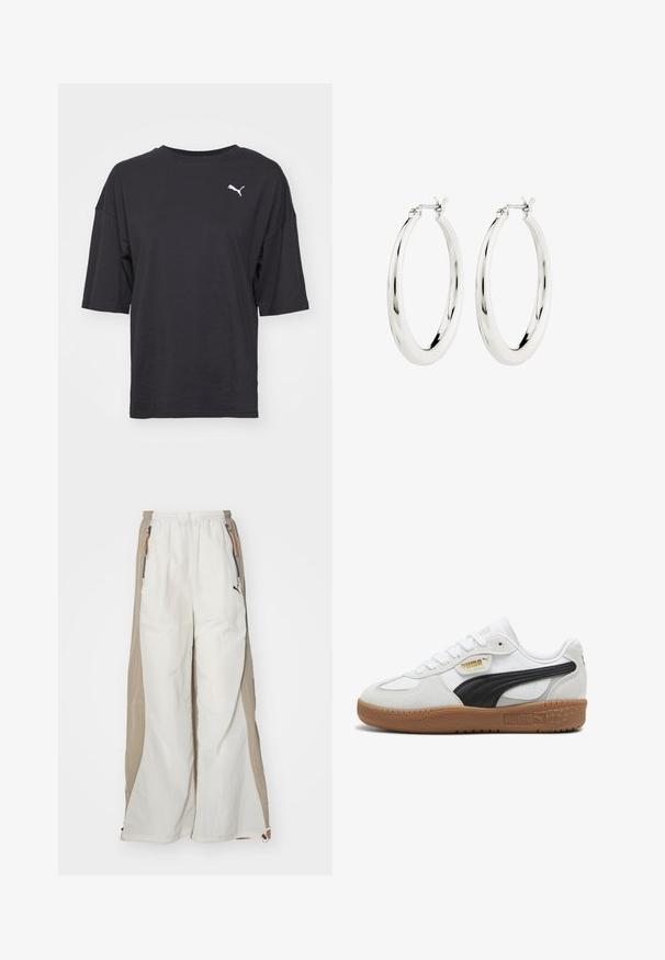 Camiseta negra oversize de algodón, con mangas cortas y un cuello redondo, que presenta un logotipo blanco de Puma en el lado izquierdo del pecho.; Pantalones ligeros blancos y beige con un acabado texturizado, que presentan una cintura elástica, bolsillos laterales y un pequeño logo negro.; Zapatillas de cuero blanco con una franja de ante negro, suela de goma y branding dorado en el costado. Diseño con cordones y puntera redondeada.; Pendientes de aro de plata con un acabado suave y brillante. Forma circular, con un cierre seguro. Diseño sencillo y elegante.
