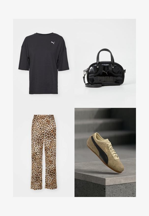 Camiseta negra oversize de algodón, con mangas cortas y un cuello redondo, que presenta un logotipo blanco de Puma en el lado izquierdo del pecho.; Pantalones de leopardo fabricados en un material suave, con un corte holgado, piernas anchas y una cinturilla elástica en tonos beige y marrón.; Zapatilla color canela con franja negra y pequeños puntos negros, cordones beige y suela de goma, posicionada en el aire sobre un borde de concreto gris.; Bolso de mano de charol negro con dos asas superiores, correa para el hombro desmontable, forma redondeada y destacado logo en relieve de "PUMA".