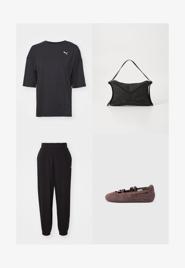 Camiseta negra oversize de algodón, con mangas cortas y un cuello redondo, que presenta un logotipo blanco de Puma en el lado izquierdo del pecho.; Pantalones de chándal negros hechos de tela suave, con cinturilla acanalada y tobillos ajustados. Incluye un pequeño logotipo en el costado.; Zapato plano tipo ballet de ante marrón con correas elásticas y suela texturizada, mostrado de perfil sobre un fondo claro y liso.; Bolso negro con un material suave y texturizado. Presenta un diseño ondulado, una correa para el hombro y un sutil detalle del logo en la parte frontal.