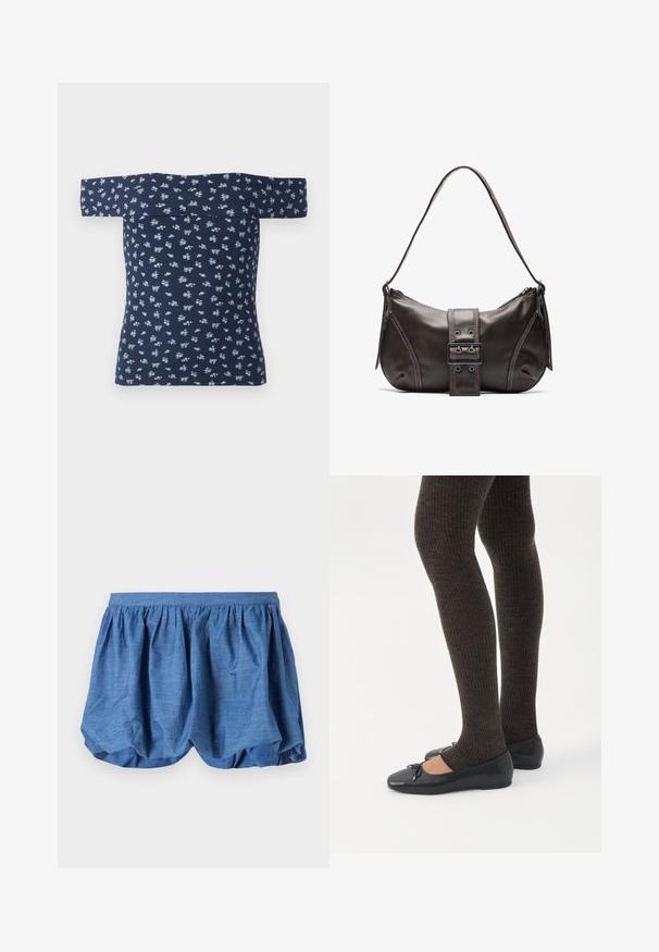 Marine off-the-shoulder top med ribbet tekstur og små lyseblå blomsterprint. Den tætsiddende design fremhæver formen og har korte ærmer.; Blå, letvægts shorts med en samlet elastisk talje og et blødt, tekstureret design. Har en blød stoffinish med en afslappet pasform.; Ben iført mørke ribbede leggings kombineret med sorte balletsko med små sløjfedetaljer på hvid baggrund.; Brun læder skuldertaske med en buet form, der har et fremtrædende spænde, kontrasterende syninger og en enkelt skulderrem.