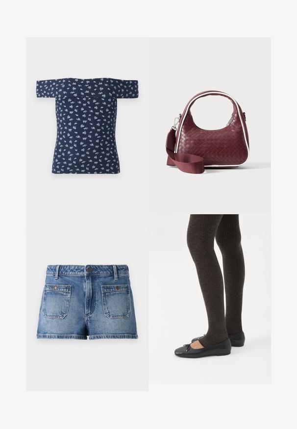 Top azul marino con hombros al descubierto, de textura acanalada y pequeño estampado floral en azul claro. Diseño ajustado que acentúa la forma, con mangas cortas.; Pantalones cortos de mezclilla en azul claro con un acabado desvaído, diseño de cinco bolsillos, dos bolsillos frontales, dos bolsillos traseros y una cintura con botón.; Piernas con leggings oscuros acanalados combinados con bailarinas negras que presentan pequeños detalles de lazo sobre un fondo blanco.; Bolso de mano de cuero tejido color granate con asa curva, ribete blanco, cremallera plateada y correa desmontable de tela ancha para el hombro sobre fondo liso.