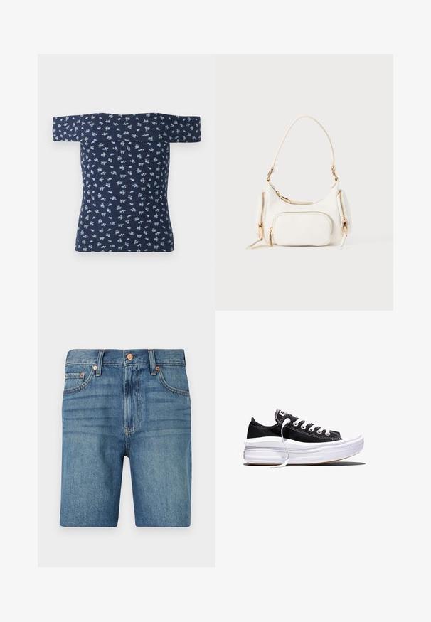 Marine off-the-shoulder top med ribbet tekstur og små lyseblå blomsterprint. Den tætsiddende design fremhæver formen og har korte ærmer.; Denim shorts i lyseblå med klassisk skæring, fem lommer og kobberaccent for kontrast. Tekstureret, mellemvægtigt stof.; Sort lavt liggende lærreds-sneaker med hvide snørebånd og tyk, flerlags hvid gummisål mod en hvid baggrund.; Hvid håndtaske med en kort skulderrem, tekstureret overflade, flere lynlåslommer og detaljer i guldfarvet metal. Kompakt og moderne design.