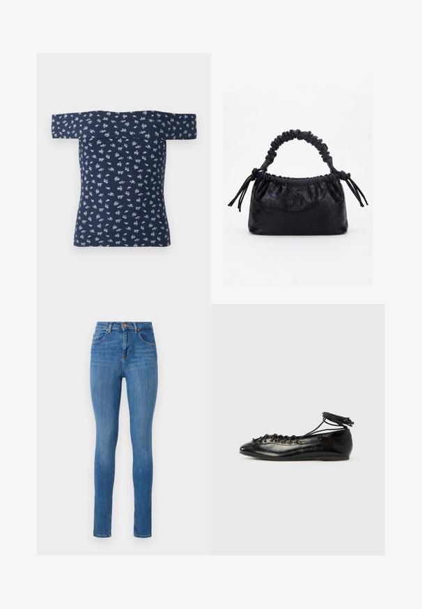 Top azul marino con hombros al descubierto, de textura acanalada y pequeño estampado floral en azul claro. Diseño ajustado que acentúa la forma, con mangas cortas.; Jeans ajustados en denim azul medio, con una cintura alta, diseño clásico de cinco bolsillos, ligero desgaste y una textura suave.; Zapatos planos tipo ballet de charol negro con punta redondeada, diseño con cordones y suela plana. Textura lisa con detalles mínimos.; Bolso negro con textura de cocodrilo, borde superior fruncido, asa recogida y cordones con borlas en cada lado sobre un fondo blanco.