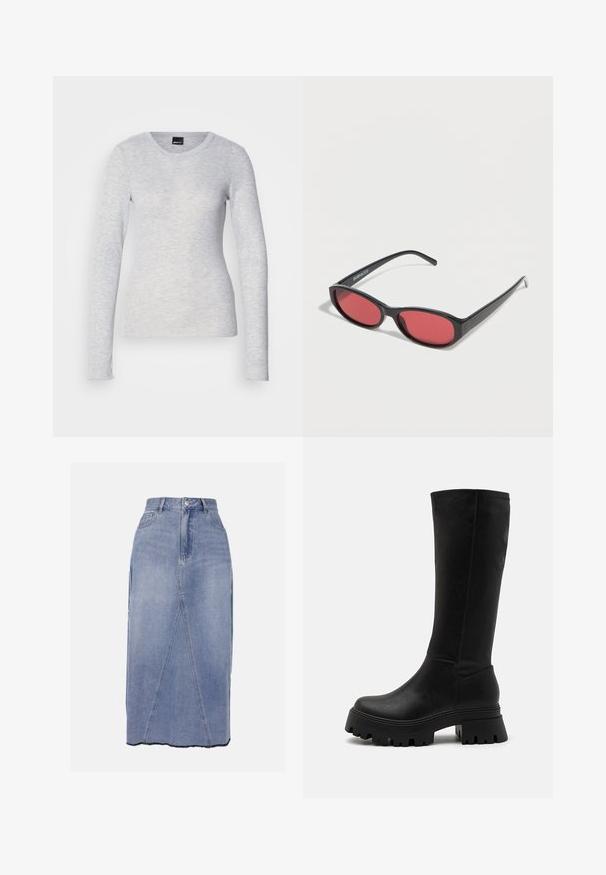 Langærmet grå top lavet af let materiale med rund halsudskæring og blød tekstur; har let udvidede manchetter.; Denim midi nederdel i lys blå, med høj talje, frontsømmene og en ujævn kant med rå kanter for et struktureret finish.; Sorte knælange støvler lavet af syntetisk læder, med en chunky gummisål med dybe riller, glat overflade og minimale syninger.; Sorte ovale solbriller med tynde arme og rødtonede linser, der ligger på en hvid overflade.