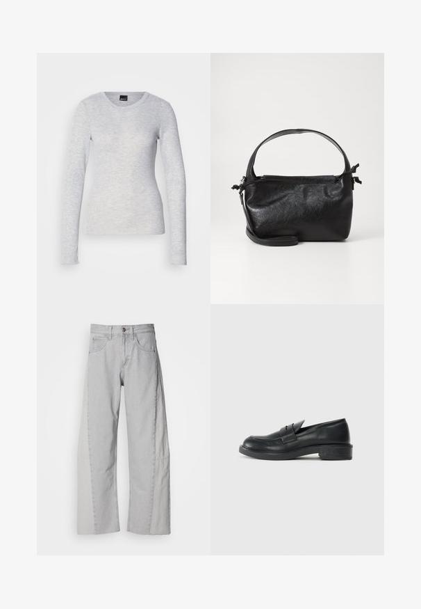 Langærmet grå top lavet af let materiale med rund halsudskæring og blød tekstur; har let udvidede manchetter.; Lys grå vidde jeans lavet af denim. Har en tætsiddende talje, fem lommer og en ren kant med lette teksturændringer på siderne.; Sorte læder loafers med rund tå, stikninger og en lille hæl. Glat tekstur og en fleksibel gummisål.; Sort læderhåndtaske med et struktureret design, rund tophåndtag og aftagelig skulderrem. Den har en glat tekstur og en subtil glans.