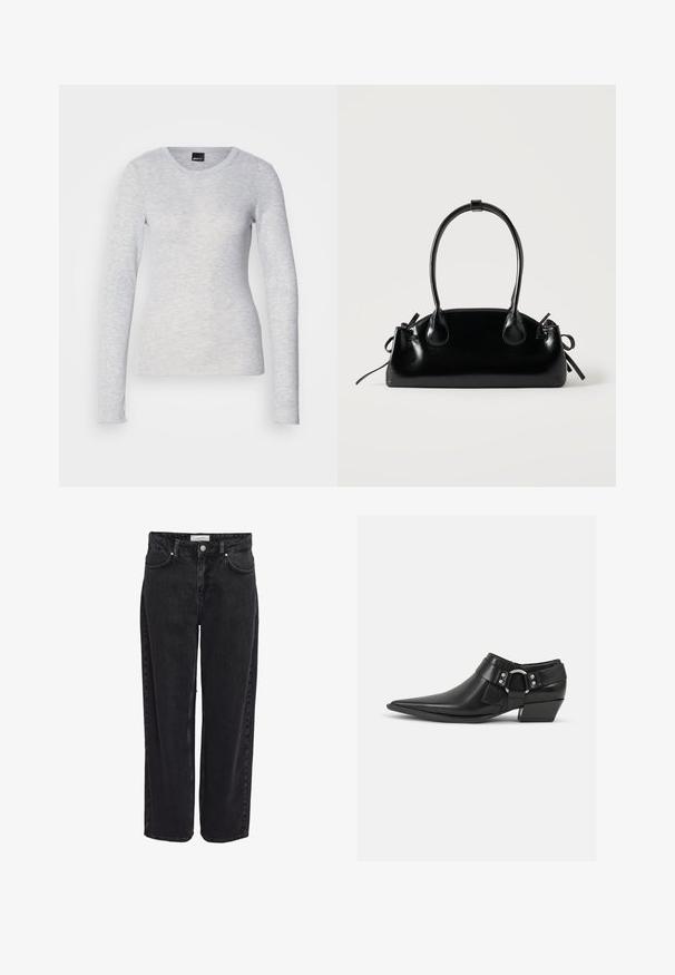 Langärmliges graues Oberteil aus leichtem Stoff mit rundem Ausschnitt und weicher Textur; hat leicht ausgestellte Ärmelbündchen.; Schwarze Denim-Jeans mit weitem Bein und hoher Taille, fünf Taschen und Reißverschluss. Glatte Textur mit minimal sichtbaren Nähdetails.; Schwarze Leder-Ankle-Boots mit spitzem Zeh, ausgestattet mit einem vorderen Leder-Riemen und einem silbernen Schnallendetail sowie einem niedrigen Blockabsatz.; Kleine schwarze glänzende Handtasche mit zwei langen Griffen und seitlichen Kordelzug-Details vor einfachem hellem Hintergrund.