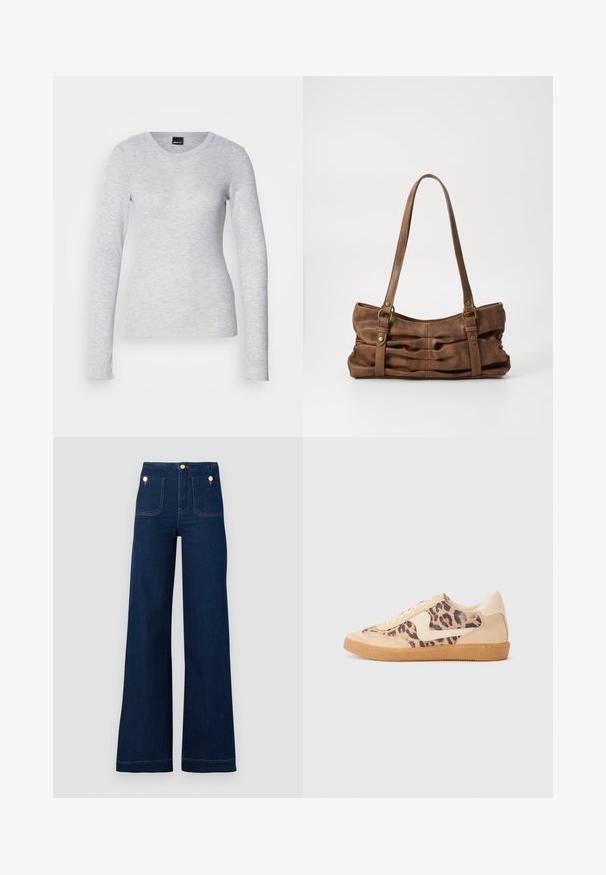 Langärmliges graues Oberteil aus leichtem Stoff mit rundem Ausschnitt und weicher Textur; hat leicht ausgestellte Ärmelbündchen.; Dunkelblaue, weit geschnittene Jeans mit hoher Taille, goldenen Knopf-Akzenten, zwei Taschen vorne und hinten sowie kontrastierenden Nähdetails. Texturiertem Denim-Stoff.; Löwenmuster-Sneaker mit beige Wildleder-Obermaterial, tanfarbener Gummisohle und weißen Akzenten. Runde Zehenform und Schnürdesign mit strukturiertem Finish.; Even&Odd Handtasche - brown