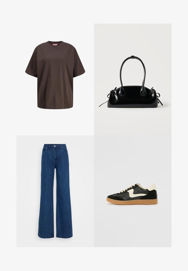 Dunkelbraunes oversized Baumwoll-T-Shirt mit kurzen Ärmeln, Rundhalsausschnitt und dezentem Frontlogo.; Weite blaue Jeans mit hoher Taille, vorderem Knopf- und Reißverschlussverschluss sowie Vorder- und Hintertaschen vor einem schlichten Hintergrund.; Schwarze Wildleder- und Leder-Sneaker mit einem cremefarbenen Seiten-Swoosh und einer hellcremefarbenen Ferse. Ausgestattet mit beige Schnürsenkeln und einer Gummilaufsohle.; Kleine schwarze glänzende Handtasche mit zwei langen Griffen und seitlichen Kordelzug-Details vor einfachem hellem Hintergrund.