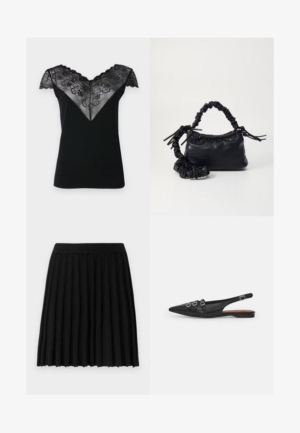 Zwarte top met korte mouwen, voorzien van een V-vormige kantoverlay met ingewikkelde bloemenpatronen en geschulpte randen langs de halslijn en mouwen.; Vero Moda Knitted VMMARINA Short - Minirok - black; Zwarte leren slingback ballerina met spitse neus, voorzien van twee horizontale bandjes en vierkante zilveren gespen, lage hak en een gladde textuur.; Zwarte nepleer handtas met een krokodillenstructuur, opgedroogde bovenkant en een gekreukte hengsel. Het lijkt zacht en compact van ontwerp.