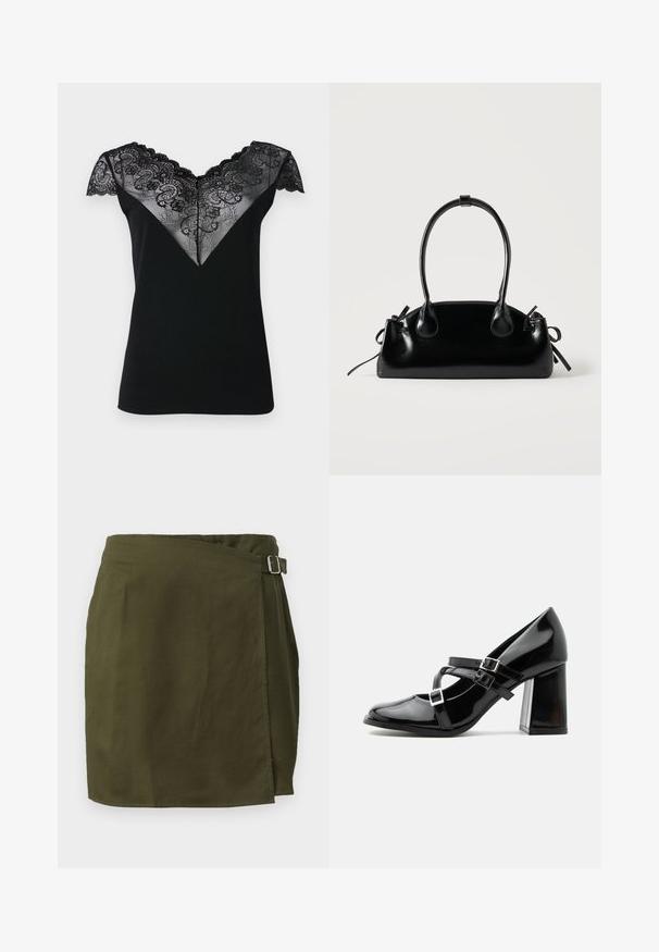 Haut noir à manches courtes avec un revêtement en dentelle en forme de V, orné de motifs floraux délicats et de bords festonnés le long de l'encolure et des manches.; Jupe portefeuille en vert olive dans un tissu léger, avec une fermeture à boucle sur le côté et un ourlet légèrement asymétrique. Texture lisse.; Chaussure à talon haut style Mary Jane noire brillante avec trois brides à boucle et un talon bloc épais, vue de profil sur fond blanc.; Petit sac à main noir brillant avec deux longues anses et des détails à cordon sur les côtés sur un fond clair uni.