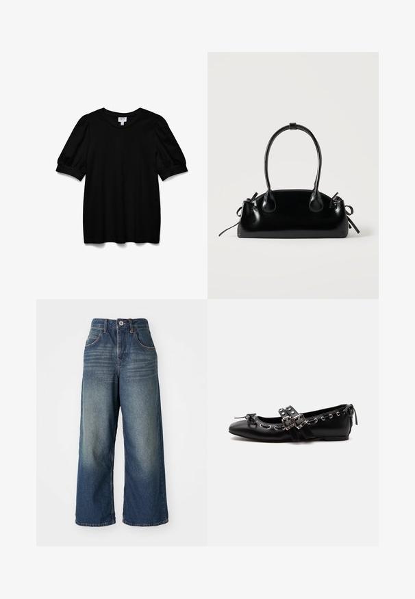 Schwarzes Kurzarmoberteil mit Rundhalsausschnitt, aus glattem Stoff. Mit Puffärmeln und lockerer Passform. Einfaches, ungeschmücktes Design.; Weite Jeans mit mittlerem Blauton, ausgestattet mit Fronttaschen, einem Knopf- und Reißverschluss sowie dezenten Ausbleichungen an den Oberschenkeln.; Schwarzer flacher Ballettschuh mit doppelten Schnallenriemen, silbernen Ösen und einer kleinen Schleife nahe der abgerundeten Spitze auf weißem Hintergrund.; Kleine schwarze glänzende Handtasche mit zwei langen Griffen und seitlichen Kordelzug-Details vor einfachem hellem Hintergrund.