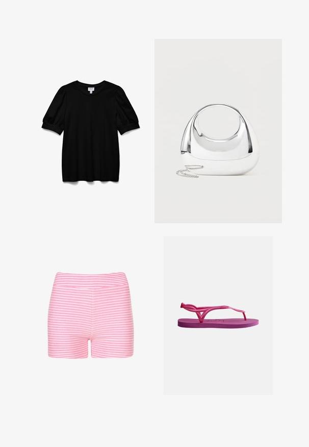 Zwarte top met korte mouwen en een ronde hals, gemaakt van een zachte stof. Heeft pofmouwen en een relaxte pasvorm. Eenvoudig, onopgesmukt ontwerp.; Roze en witte gestreepte shorts van zachte stof. Heeft een getailleerd ontwerp en een soepele tailleband zonder aanvullende details of hardware.; Enkele roze rubberen slippersandaal met gestructureerde zool en teenslipperband tegen een effen witte achtergrond.; Glinsterende zilverkleurige metalen handtas met afgeronde vorm, ovale uitsnijding als handvat en een zilveren kettingriem tegen een effen lichte achtergrond.