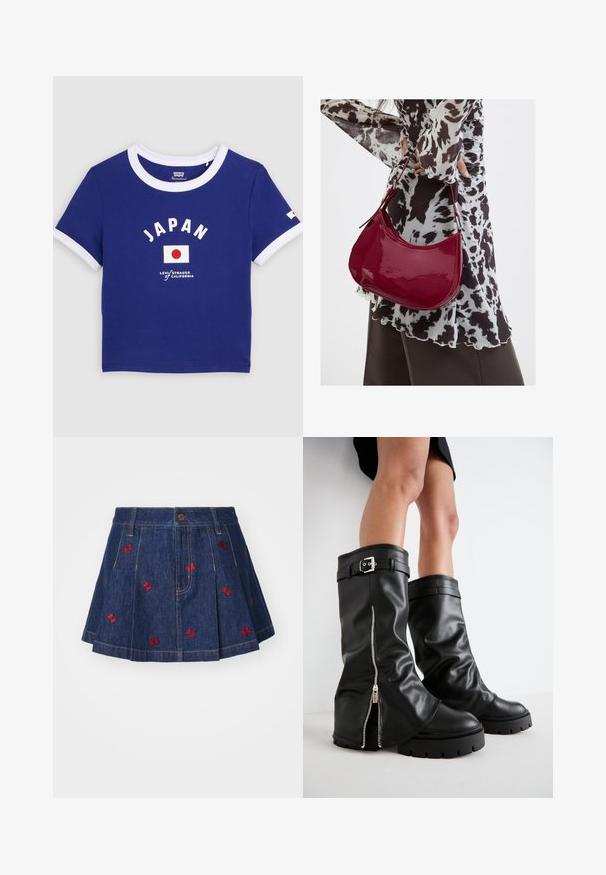 Blauw T-shirt met korte mouwen, witte kraag en manchetten, met tekst "JAPAN", Japanse vlag en Levi's Strauss California-logo op het voorpand in het midden.; Denim rok met plooien en een donkere wassing, featuring rode geborduurde vlinderdetails en een klassieke vijf-pocket ontwerp met een frontknopsluiting.; Zwarte leren kniehoge laarzen met een brede schacht, voorzien van een zijrits en een gespaccent, met een gestructureerde afwerking en een chunky rubberen zool.; Vrouw met een zwart-wit gebloemde blouse houdt een glanzende rode schoudertas vast tegen een effen achtergrond.