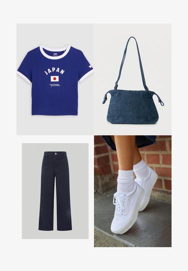 Blauw T-shirt met korte mouwen, witte kraag en manchetten, met tekst "JAPAN", Japanse vlag en Levi's Strauss California-logo op het voorpand in het midden.; Lange marineblauwe broek van een soepele katoenmix, met een sluiting met knoop aan de voorkant en gestikte details langs de tailleband en zakken.; Witte canvas sneakers met rubberen zolen, voorzien van zes vetertjes, een ronde neus en lichte stikdetails, gecombineerd met witte enkelsokken.; Donkerblauwe spijkerstof schoudertas met knoopdetails aan de band en een eenvoudig rechthoekig ontwerp tegen een witte achtergrond.