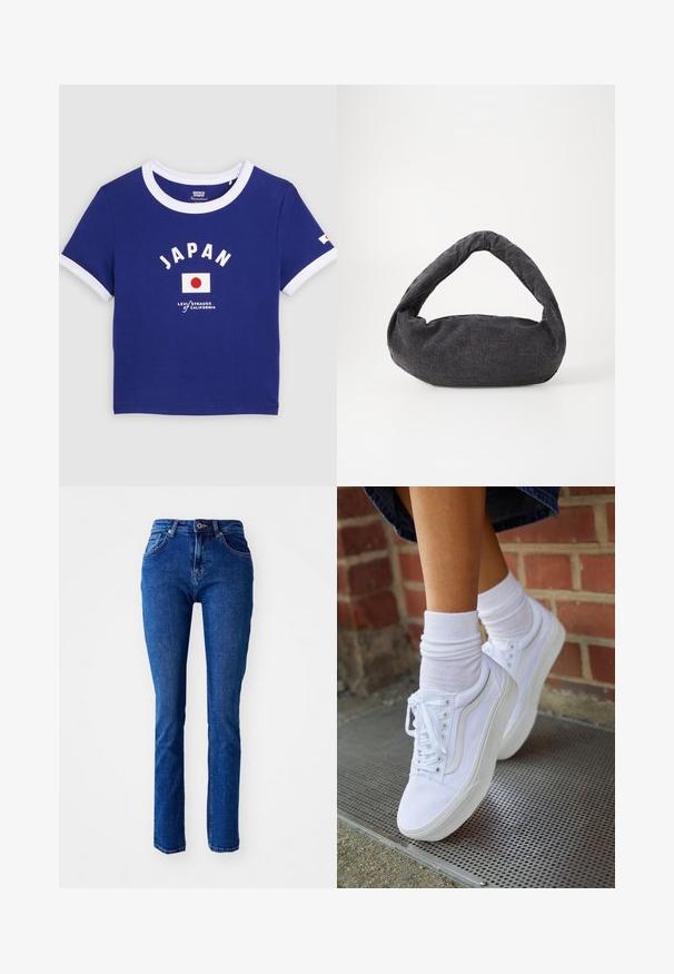 Modrá krátkym rukávom košeľa s bielym golierom a manžetami, text "JAPAN", japonská vlajka a logo Levi's Strauss California v strede prednej časti.; Modré denimové jeansy s úzkym strihom, vysokým pásom, rovnými nohavicami a prešitím. Obsahujú zapínanie na gombík a zips. Žiadne ďalšie ozdoby.; Biele plátené tenisky s gumovou podrážkou, s piatimi dierkami na šnúrky, okrúhlou špičkou a svetlými švami, doplnené o biele členkové ponožky.; Tmavošedá látková taška s zakrivenou rúčkou, jemnou textúrou a zaobleným tvarom. Bez viditeľného hardvéru alebo ozdôb.