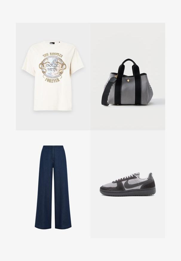Weißes kurzärmeliges T-Shirt mit rundem Landschaftsprint, goldenen Schlangen und den Texten "THE KOOPLES", "DOLCE VITA" und "FOREVER" auf der Vorderseite.; Weite, dunkelblaue Jeans mit geradem Schnitt, aus Denim gefertigt. Verfügt über einen hohen Bund und subtile Nahtdetails. Keine sichtbaren Metallteile.; Niedrig geschnittene Sneaker aus grauem Mesh-Gewebe, mit schwarzen strukturierten Überzügen, schwarzer Sohle, weißen Schnürsenkeln und einem schwarzen Nike-Swoosh an der Seite.; Schwarz-weiß vertikal gestreifte Handtasche mit zwei schwarzen Griffen und einem abnehmbaren Schulterriemen auf einfarbigem Hintergrund.
