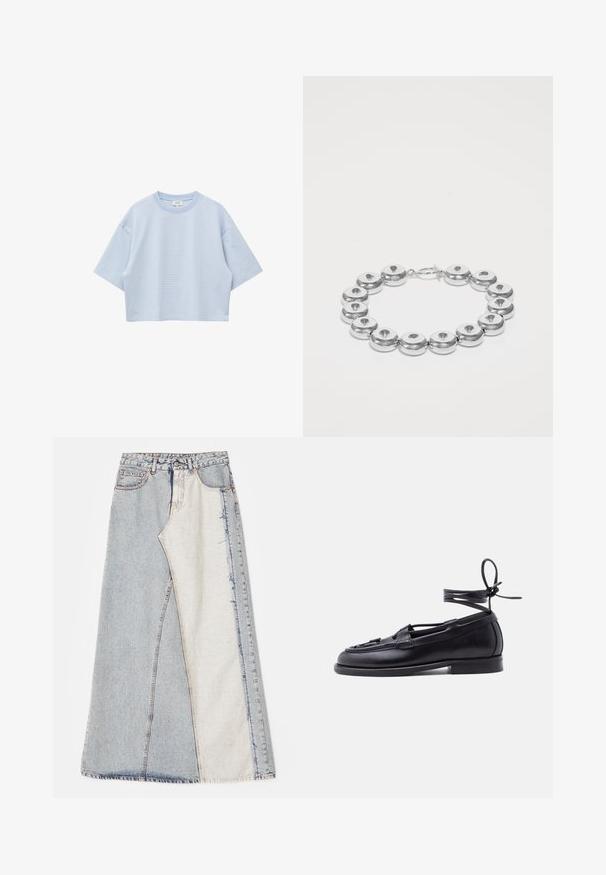 Lichtblauw kort mouw crop top met dunne witte horizontale strepen en een ronde halslijn.; Denim rok met een patchworkontwerp bestaande uit lichte en middelblauwe secties, rafelige zomen en een hoge taille. Klassiek vijf-pocket model.; Zwarte leren loafer met platte zool en enkelriem met veters die in een strik zijn gebonden, weergegeven tegen een effen lichte achtergrond.; Zilveren armband met ronde, gepolijste metalen schakels met een centrale uitsnede, beveiligd met een sluiting, weergegeven op een witte achtergrond.
