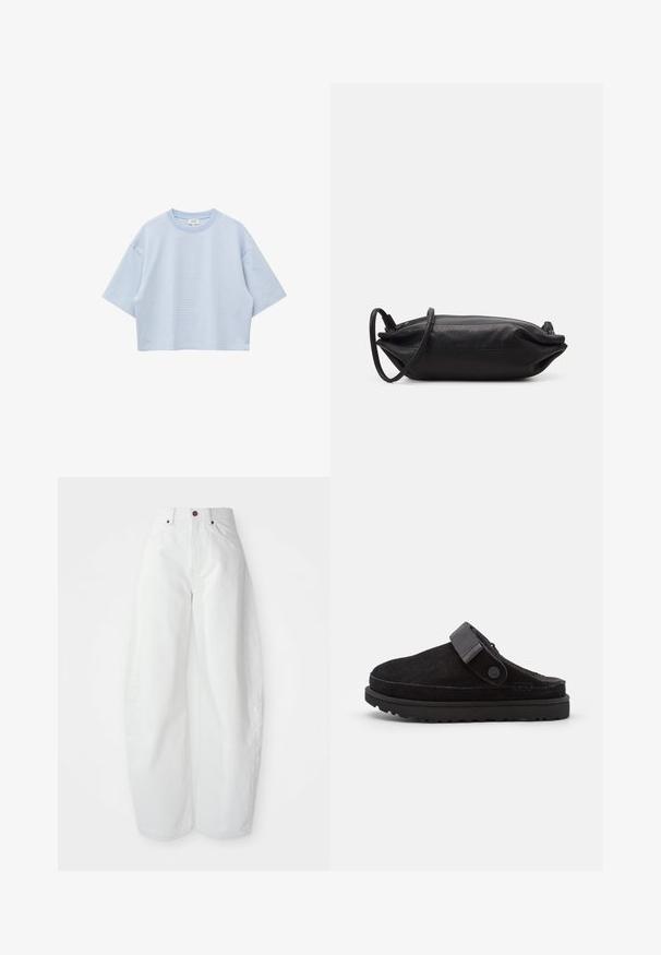 Top corto de manga corta azul claro con finas rayas horizontales blancas y cuello redondo.; Pantalones de mezclilla blancos de tiro alto con un corte holgado. Presentan un cierre de botón, bolsillos laterales y un diseño minimalista. Textura suave.; Zuecos negros de ante de tipo slip-on con punta redonda, textura suave, tira ajustable y suela de goma gruesa con dibujo para tracción.; Bolso de mano de cuero negro con forma rectangular, textura suave, correa delgada para el hombro y diseño minimalista.