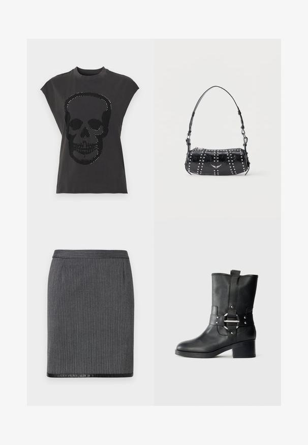 Camiseta negra de manga corta con un gran diseño de calavera adornado con tachuelas plateadas. Hecha de tela suave con un corte holgado.; Falda lápiz de rayas grises con un dobladillo negro liso. Presenta un diseño ajustado y una cinturilla estándar. La textura es tejida y sofisticada.; Botín de cuero negro hasta el tobillo con un acabado texturizado, parte superior ancha, una correa con un hebilla metálica y un tacón grueso.; Bolso de hombro de charol negro con tachuelas plateadas dispuestas en filas verticales y un pequeño emblema plateado de pájaro en el centro frontal.