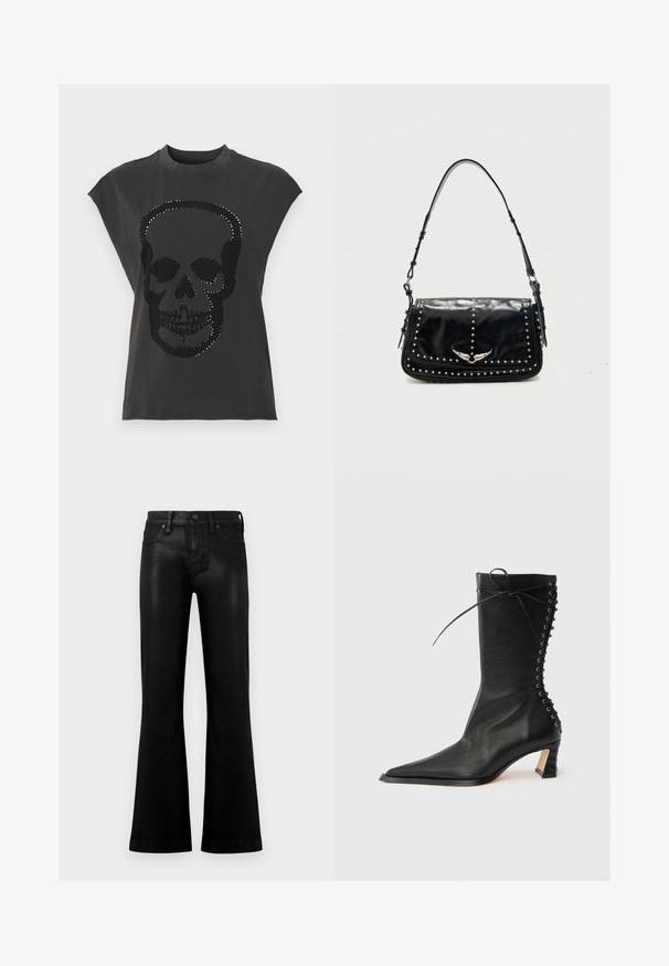 T-shirt noir à manches courtes avec un grand motif de crâne orné de clous argentés. Confectionné en tissu doux avec une coupe décontractée.; Jean noir taille haute avec une légère évasement, fermeture avant par bouton et fermeture éclair, et style à cinq poches sur un fond clair uni.; Bottine noire en cuir avec bout pointu, talon fin, détail à lacets à l'arrière et œillets métalliques. Texture lisse avec un design élégant.; Sac à épaule en cuir noir avec des clous argentés et un emblème métallique ailé sur le rabat avant sur fond uni.