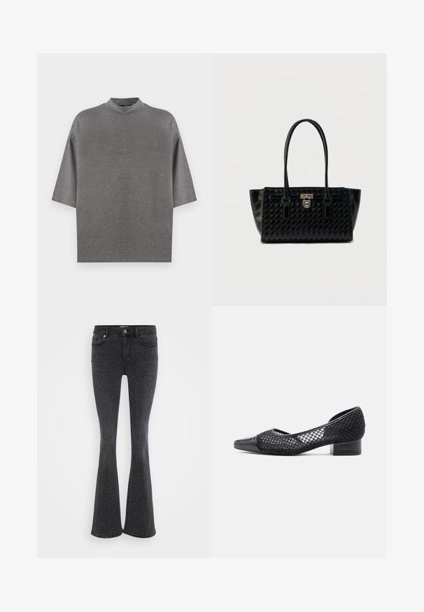 Haut gris à manches courtes avec un col montant. Confectionné dans un tissu doux et lisse. Présente une coupe ample et des épaules tombantes, sans motifs ni accents.; Jean noir évasé en denim, orné de clous métalliques sur l'ensemble. Cinq poches et fermeture à bouton à l'avant.; Escarpin noir avec un upper en maille texturée et un bout en vernis lisse. Petit talon bloc pour plus de stabilité. Forme arrondie avec une légère brillance.; Sac fourre-tout en cuir noir avec une texture tissée, deux poignées et un accent en forme de serrure en argent à l'avant. Spacieux avec un design élégant.