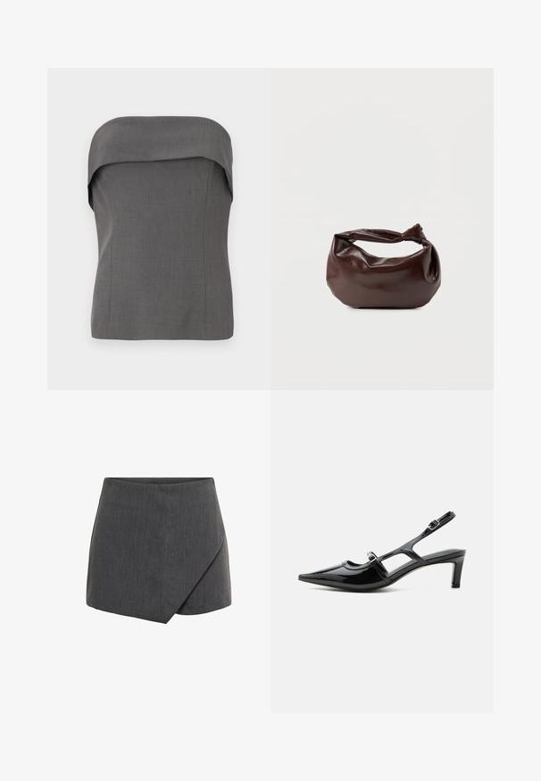 Γκρίζο strapless τοπ με διπλωμένη σχεδίαση στο λαιμό, δομημένη εφαρμογή και λεία υφή υφάσματος. Χωρίς ορατά σχέδια ή μεταλλικά στοιχεία.; Γκρι κοντή φούστα με σχέδιο wrap από λείο, υφασμάτινο υλικό. Στενή εφαρμογή με γωνιακή γραμμή στρας και καθαρές άκρες.; Μαύρο παπούτσι slingback από δερμάτινο πατεντ με μυτερή μύτη, χαμηλό τακούνι και δύο ρυθμιζόμενες λουρίδες με αγκράφες, εμφανιζόμενο σε προφίλ πλευράς.; Σκούρα καφέ δερμάτινη τσάντα ώμου με μαλακό, χαλαρό σχήμα και λαβή με στριμμένο κόμπο σε απλό λευκό φόντο.