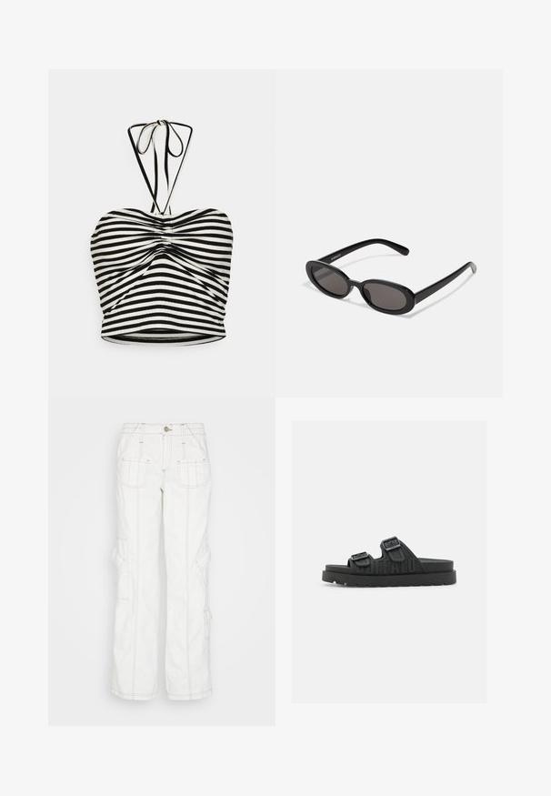 Pieces PCLAYA CROPPED TIE TUBE - Top - black/bright white; BDG Urban Outfitters Džínsy voľného strihu - white; Čierne šľapky so dvoma nastaviteľnými prackami, so štruktúrovaným pásikom a robustnou podrážkou. Na boku je embosovaný nápis "BUFFALO".; Even&Odd Slnečné okuliare - black