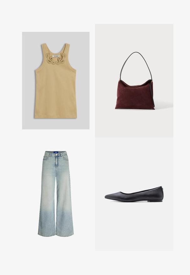 Varrukateta beež tanktop soonilise tekstuuri ja kaunist pitsdetailiga kaeluse lähedal, sildiga "Ivy Oak."; Heledad teksasest valmistatud laiad püksid helesinisest denimist, millel on kõrge vöökoht, viie tasku disain ja kanga tekstuuris õrn kulumine.; Must nahkjala kinga madala kontsaga, külgvaates valge tausta ees.; Pehme veinipunane seemisnahast käekott musta õlarihma ja kuldse viimistlusega, valgel taustal eksponeeritud.