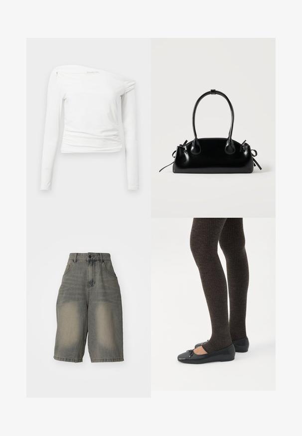 Biela blúzka s dlhým rukávom a off-shoulder dizajnom, hladká tkanina, zhromaždené detaily na ramene a priliehavý strih.; Jaded London LIGHT WASH JUMBO JORTS - Denimové šortky - light wash; Nohy v tmavých pásikavých legínach v kombinácii s čiernymi balerínkami s malými mašličkami na bielom pozadí.; Malá čierna lesklá kabelka s dvoma dlhými rúčkami a bočnými šnúrkovými detailmi na jednoduchom svetlom pozadí.