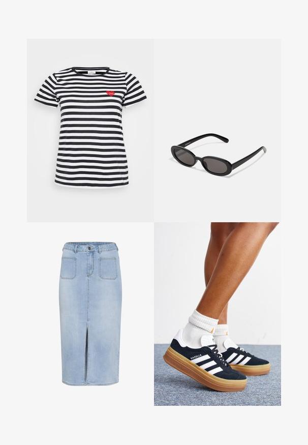 Sort og hvid stribet t-shirt med rund hals og korte ærmer, med en lille rød hjertebrodering på venstre bryst.; Lys blå denim midi-nederdel med en forkortet slids, fem lommer og en tætsiddende talje med bæltestropper og knaplukning.; Ben iført hvide sokker og sorte Adidas Gazelle sneakers med hvide striber og tykke brune såler på et gråt tæppe.; Even&Odd Solbriller - black