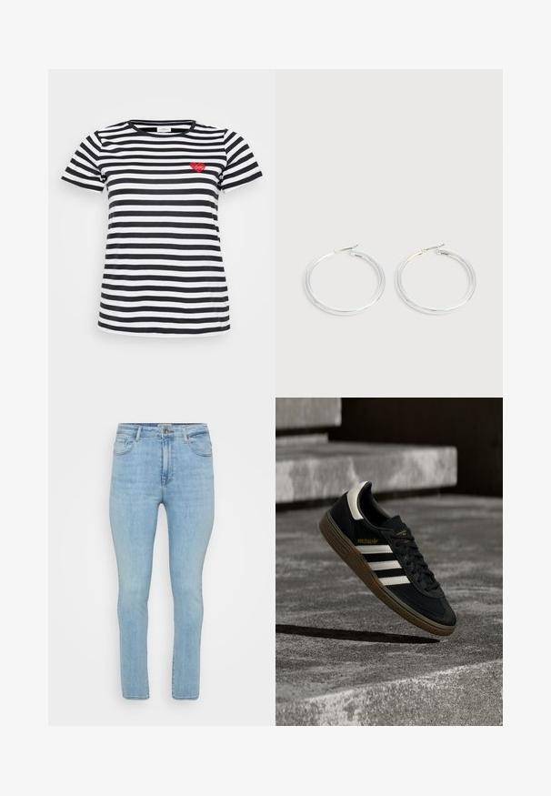 Sort og hvid stribet t-shirt med rund hals og korte ærmer, med en lille rød hjertebrodering på venstre bryst.; Lyseblå denimjeans med slim fit, der har fem lommer, bæltestropper og en standard lynlås med knaplukning.; Sort Adidas-sneaker med hvide striber og gummisåler, svævende over grå betontrapper i naturligt lys.; Par skinnende sølvøreringe med tynde trådlåse, vist på en lys grå baggrund.